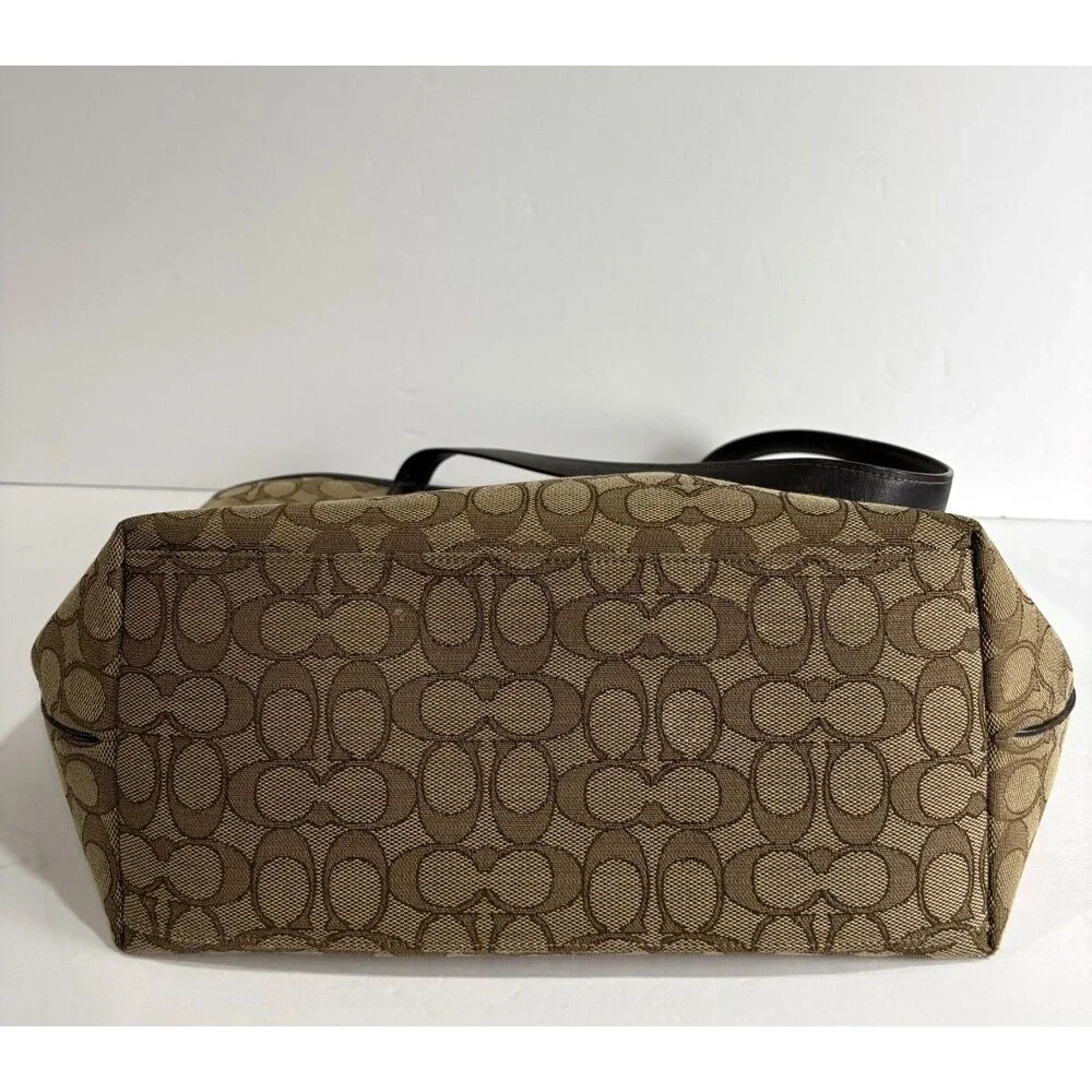 COACH Signature Taylor Tote Khaki Fabric Brown Leather Trim Shoulder Bag Purse